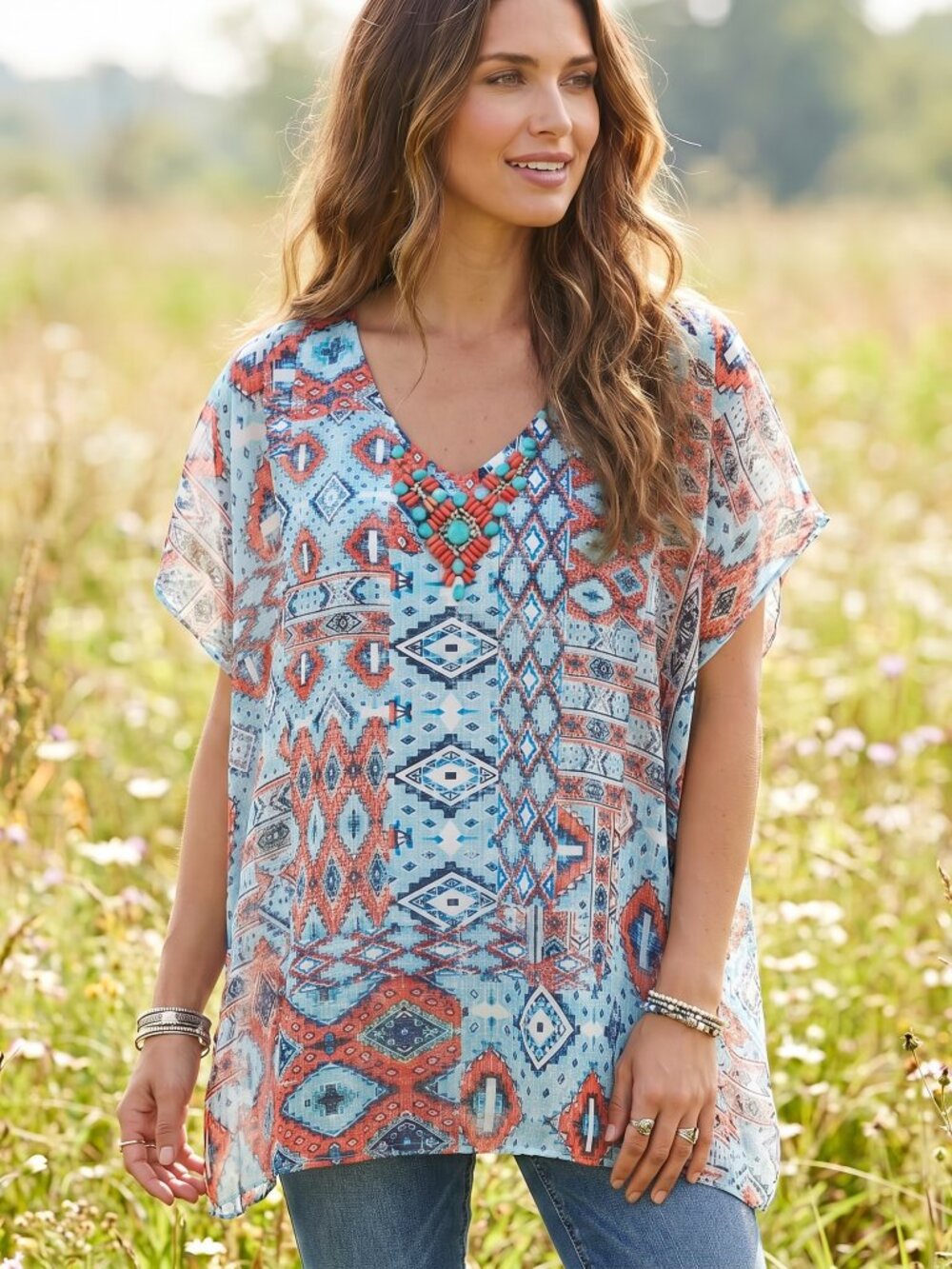 Ruby Rd XL Top Blue Red Aztec Tribal SS Flowy Boho Chic Western Coastal Artsy